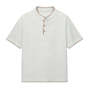 Dream made 老钱风手缝线亨利领短袖T恤男女夏季重磅休闲情侣上衣