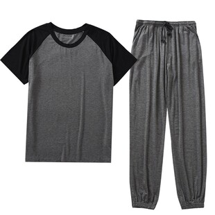 男士莫代尔睡衣套装短袖长裤束脚裤面膜料家居服大码莫奈尔两件套