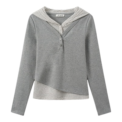 韩系条纹连帽拼接假两件长袖t恤