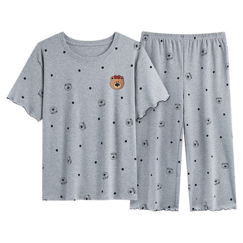 夏季短袖睡衣套装自带胸垫一体大码女防凸点家居服宽松韩版可外穿