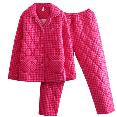 薄款100%纯棉夹棉睡衣女秋冬保暖