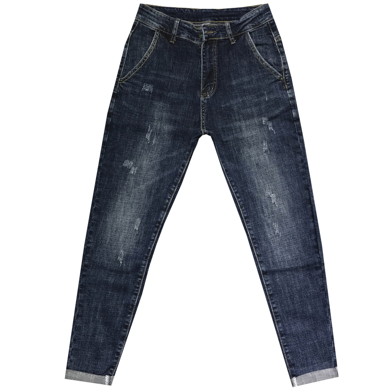 斜插口袋微跨深蓝牛仔裤男潮秋新韩修身小脚老爹工装长裤社会青年