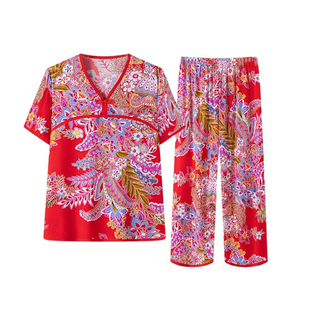 东北大花棉绸睡衣套装女夏季薄款人造棉短袖长裤宽松家居服两件套