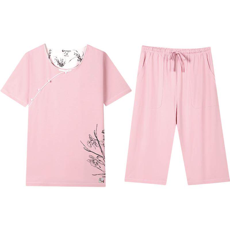 秋鹿旗下中国风品牌【梦伴】睡衣女夏短袖七分裤可外穿家居服套装