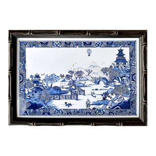青花瓷板设计师推荐小众独特新中式竹节实木框法式软装摆台装饰画