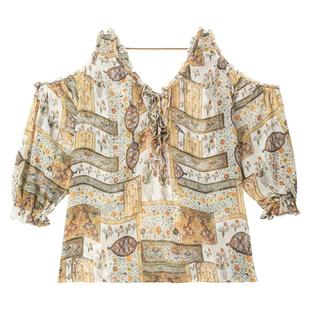 KEIKO 复古印花轻盈雪纺长袖衬衫春季法式小资灯笼袖V领上衣罩衫