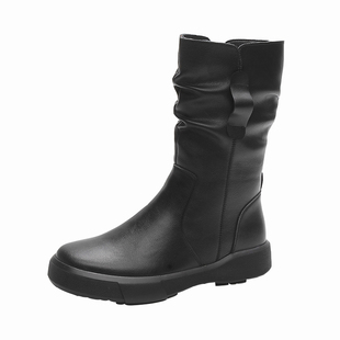 欧美新款中筒时尚平底堆堆马丁靴女款真皮2026春季女式休闲皮靴子