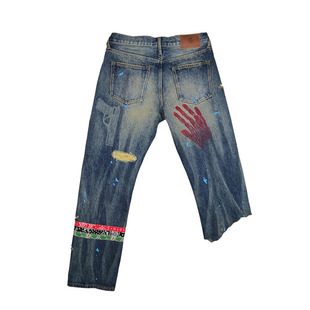 银壁虎新款直筒腰果花单宁赤耳牛仔裤世界大战破坏水洗长寿牛王潮