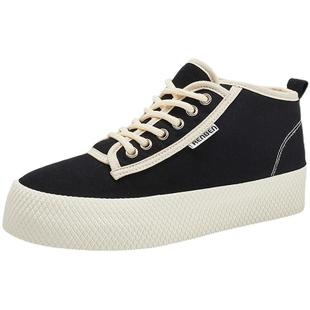 人本黑色中高帮棉鞋女冬季休闲纯色加绒帆布鞋宽版厚底软底保暖鞋