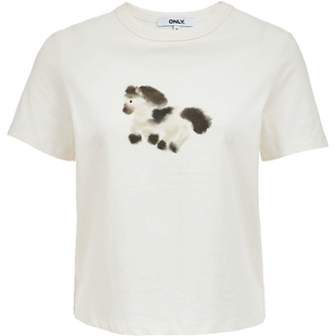 ONLY2026春季新款纯棉水墨可爱小马印花显瘦休闲风修身短袖T恤女