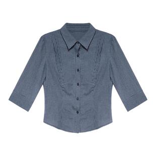 贰羊设计【拟星】复古蓝白格正肩衬衣女修身显瘦棉感通勤质感上衣