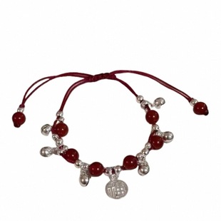 合金手链 苗疆少女祥云铃铛红绳编制手链ins小众气质女生温柔福牌