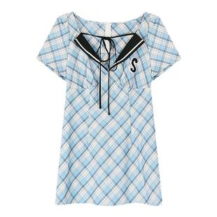 安妮不火 学院风格纹绑带连衣裙女2024夏季新款微胖大码收腰裙子