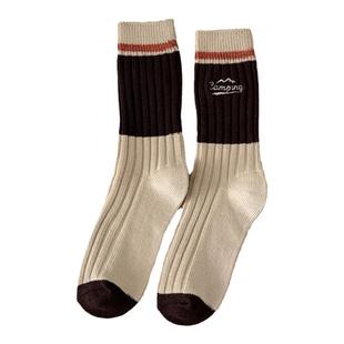 日系工装风复古咖色袜子女中筒袜秋冬纯棉运动粗线条纹拼色堆堆袜