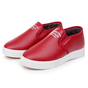 冬季新款PU皮面加绒保暖休闲鞋平底低帮防滑软底防水妈妈鞋女棉鞋