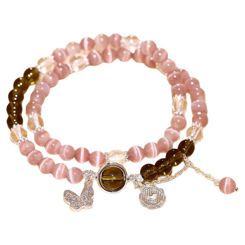 古里雅双层叠戴粉色猫眼串珠蝴蝶吊坠手链女轻奢小众精致水晶手串