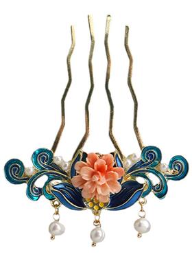 陌上芊古典珍珠花朵烧蓝簪子发饰