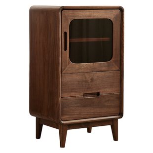 yamoo北美黑胡桃木小酒柜北欧简约实木边柜家用单门玻璃展示立柜