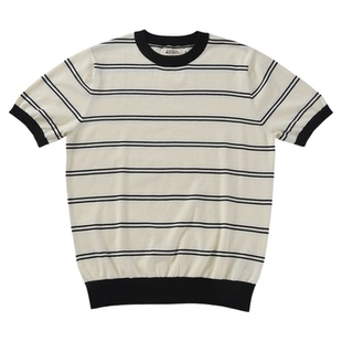 柴米纯棉横条纹男士针织T恤商务休闲通勤美式复古半袖阿美咔叽夏