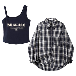 韩版时尚字母印花吊带上衣格纹衬衫套装女早春秋季新款减龄两件套