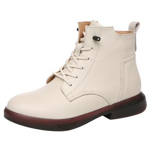 全牛皮真皮女士单靴软皮软底米色短靴2025新款女鞋春秋马丁女靴子