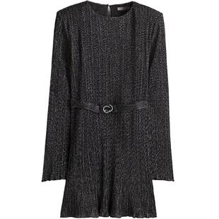 HM女装连衣裙冬季圆领休闲垫肩褶皱晚宴party礼服节日裙1245453