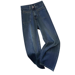 复古高腰阔腿牛仔裤女2026春秋新款大码宽松显瘦百搭窄版直筒裤子