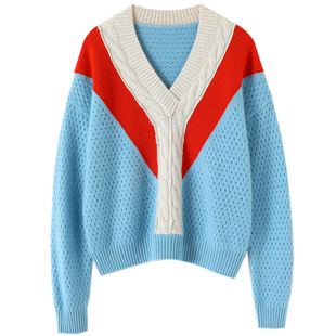 启超正品上身效果好美！加厚V领100%纯山羊绒衫女拼条纯羊绒毛衣