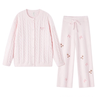 泰迪熊半边绒睡衣女款2025新款冬高级感珊瑚绒家居服秋冬加绒加厚