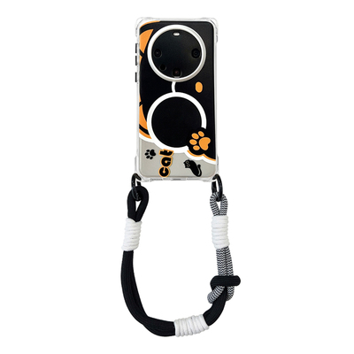 新款墨镜黑猫手机壳带挂绳适用于华为mate60/70vivox200ultra手提斜挎OPPOfindx7/8四角开孔14/15ultra防摔