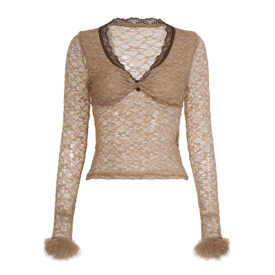 法式复古撞色蕾丝花边深V领上衣