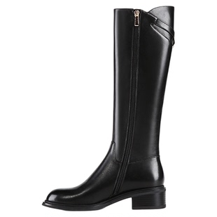 星期六英伦风不过膝长靴女2025秋冬粗跟真皮骑士靴黑色显瘦长筒靴