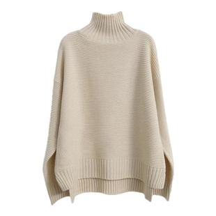 冬季宽松版加厚女士高领羊毛衫内搭纯色抽条针织衫前短后长打底衫