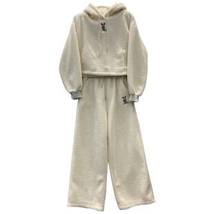 韩系冬季卡通刺绣连帽加厚仿羊羔毛宽松卫衣松紧腰卫裤两件套装女