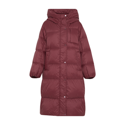 傲丝度红色中长款连帽羽绒服外套