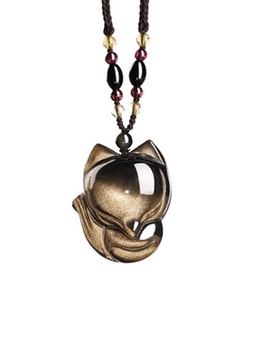 天然金曜石狐狸吊坠彩虹眼九尾狐