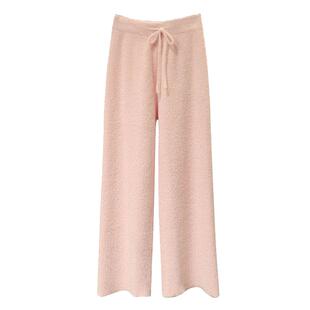 秋冬加绒加厚仿水貂绒针织阔腿裤女高腰垂感宽松粉色减龄直筒裤子