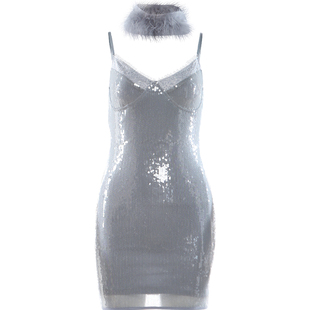 #Sisjuly#时尚派对辣妹迷你裙 网纱花边亮片修身性感吊带连衣裙女