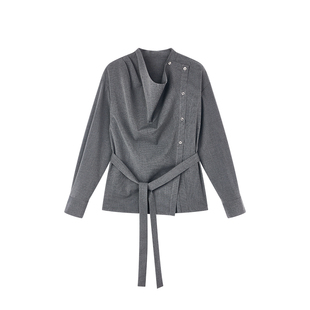 佧茜文气质斜襟衬衫2026春季新款优雅高智感细条纹可调节腰带小衫