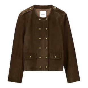 CROWNLESS未冕重磅哑光柔雾感羊皮麂皮VTG双排扣圆领短夹克外套女