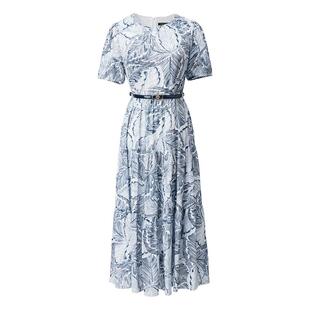 颜域印花短袖连衣裙女装2026新款夏装复古通勤蓝色中长款圆领裙子