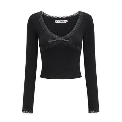 GoGirlGo蕾丝花边v领长袖T恤