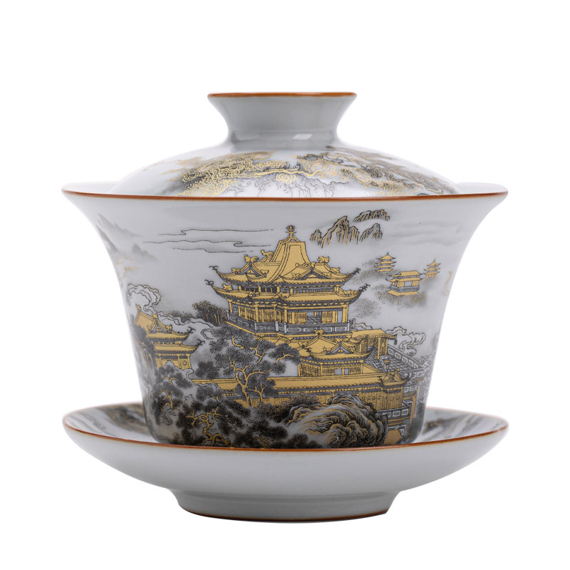 仿宋汝窑琼台云阁三才盖碗家用防烫陶瓷茶碗中式功夫茶具泡茶碗