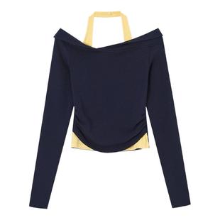 ACMEAURA斜肩挂脖假两件针织长袖T恤女2025秋冬季显瘦打底上衣女