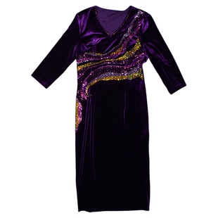 （检漏2XL3XL）典云间2026秋季长袖金丝绒长款国风钉钻连衣裙尾货