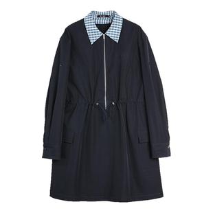 ELLE格纹假两件长袖连衣裙女2025秋季新款拼接收腰气质通勤风短裙