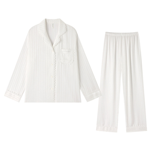 BE冰丝睡衣2026正流行女春秋长袖长裤白色条纹镂空丝绸家居服夏季