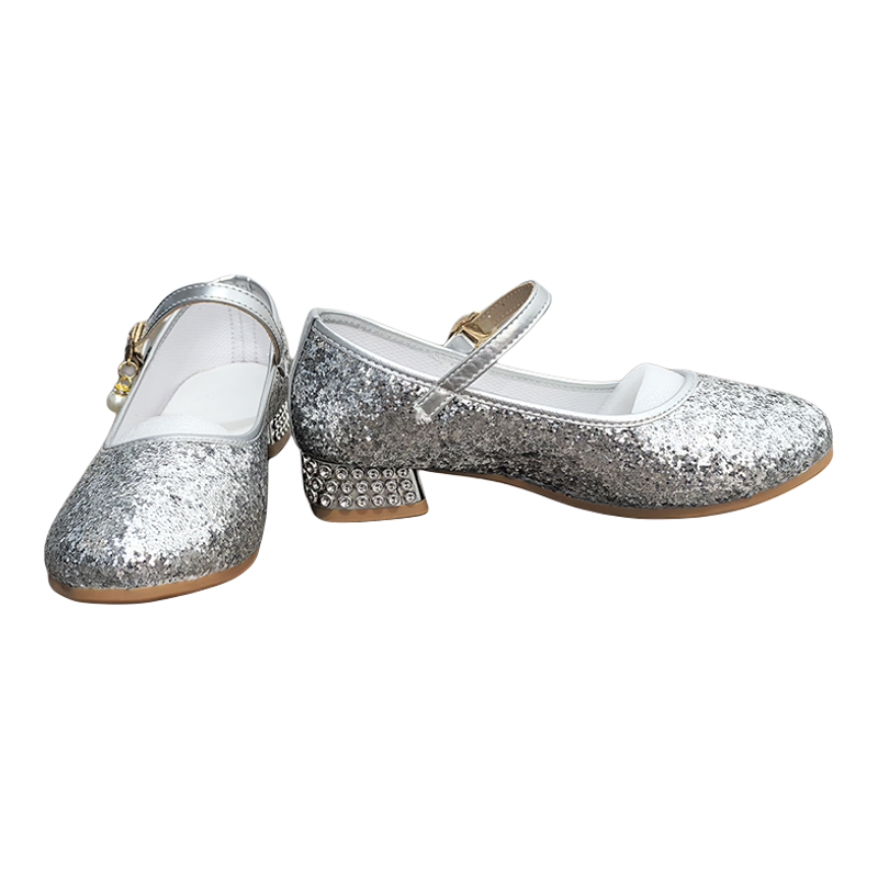 女童高跟鞋水晶亮片鞋软底搭扣礼服鞋学生舞蹈公主鞋银色演出鞋