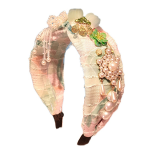 复古蓝色镶钻流苏打结发箍女气质珍珠花朵发卡宽边宝石头箍宫廷