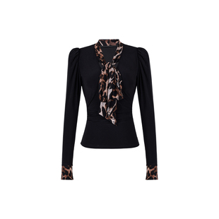 XULU原创秋季水晶麻纱豹纹简约气质系带打底衫时尚泡泡袖V领上衣